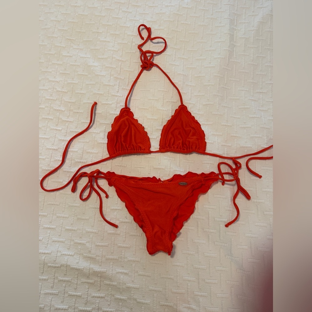 Luli Fama Orange ruffle String Triangle Bikini Set